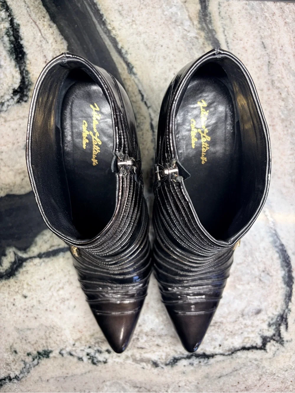 Silvano Lattanzi Black Patent Leather Buckle Ankle Boots Heels Size 38 Italy
